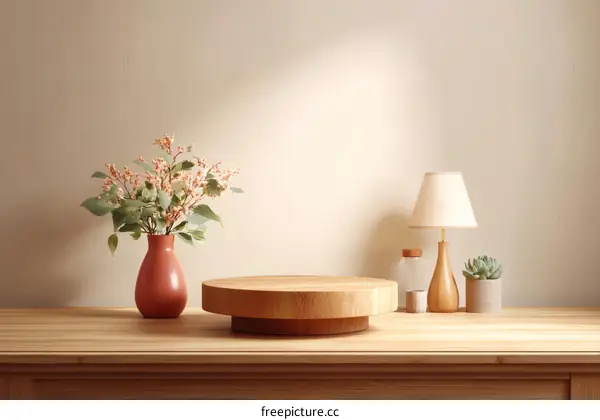Wooden Display Stand with Plants and Vase
