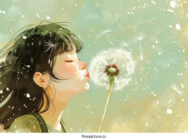 A girl blowing dandelion seeds in the wind