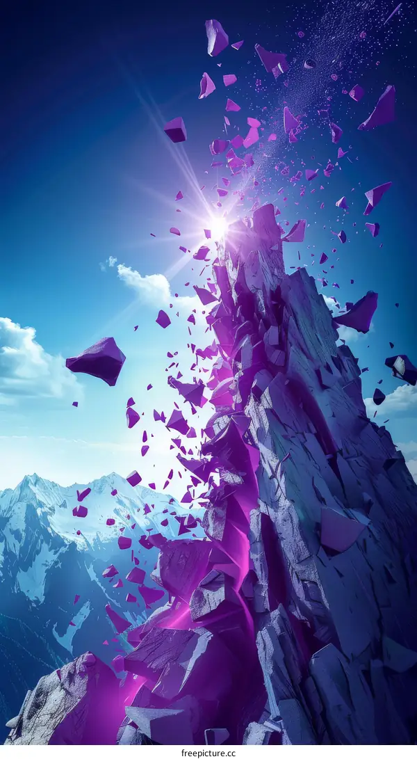 Mystical purple mountain peak with falling rocks