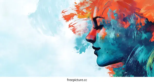 Abstract Portrait Painting Woman Face Blue Orange Colors