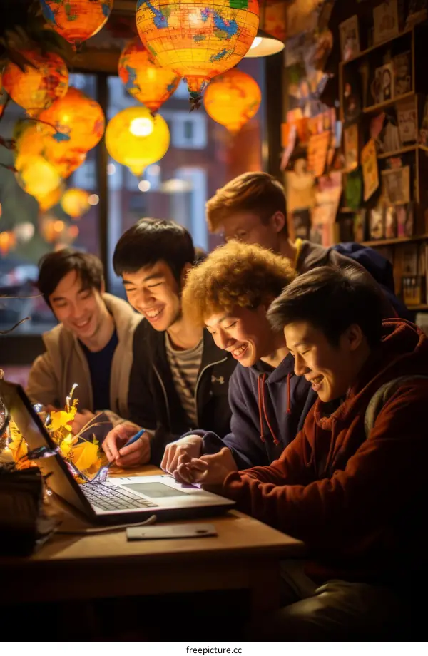A group of young people are sitting around a table in a cafe, looking at something on a laptop.