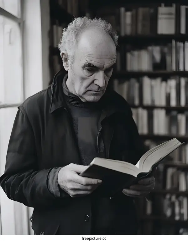 Elderly Man Reading a Book in a Library