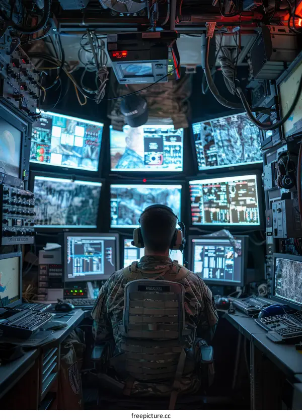 Soldier using high-tech military equipment to monitor multiple screens