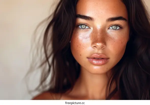 Portrait of a Young Woman with Green Eyes and Freckles
