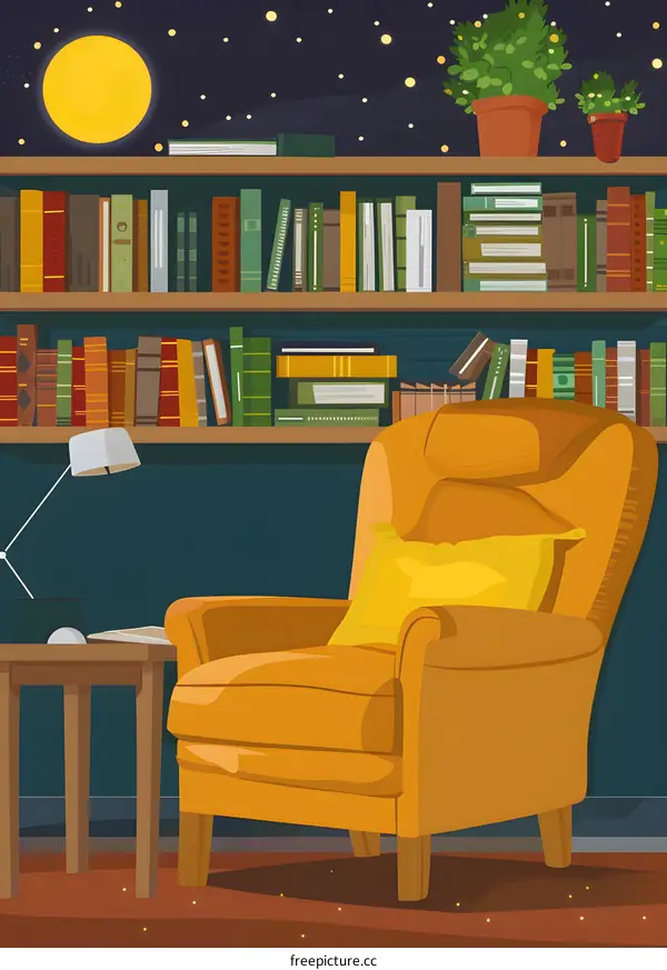 Cozy Reading Corner Illustration With Yellow Armchair And Bookshelf