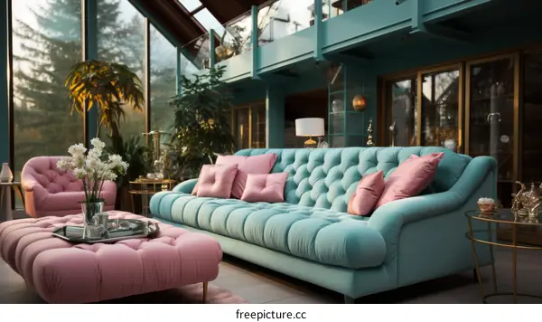 Blue and Pink Retro-Style Living Room Interior Design