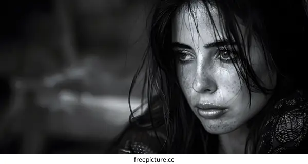 Portrait of a young woman with freckles on her face