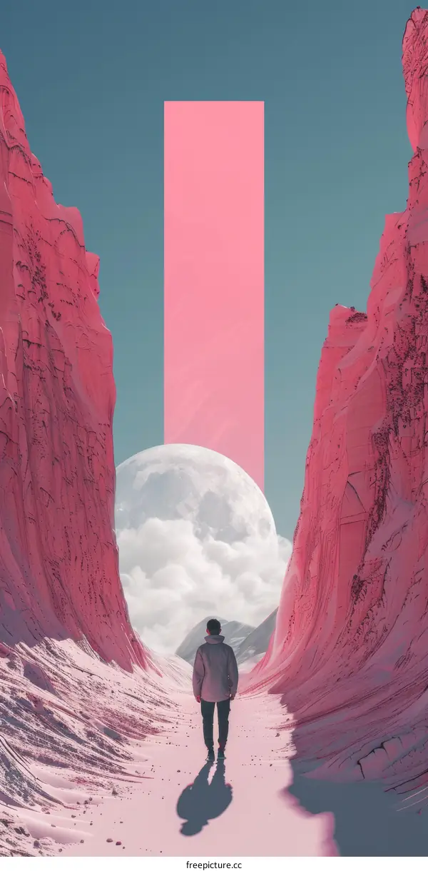 Man walking towards a pink portal in a canyon