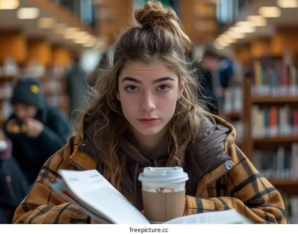 Portrait of a young woman studying in a library
