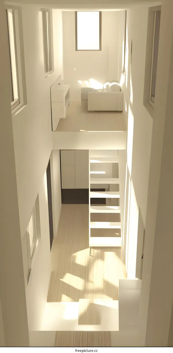 White Modern Loft Interior Design with Stairs and Large Windows