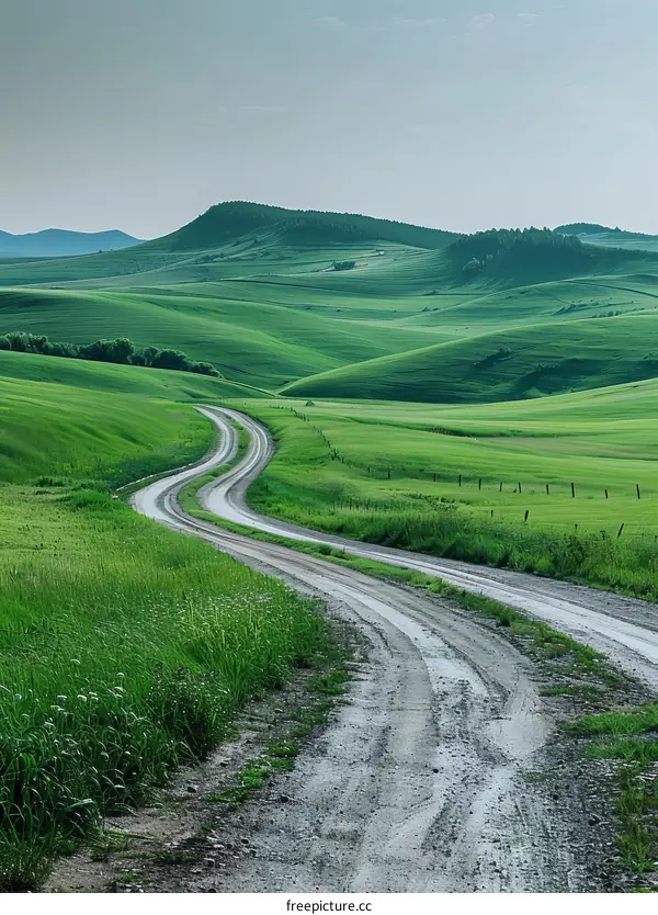 Countryside dirt road through green rolling hills