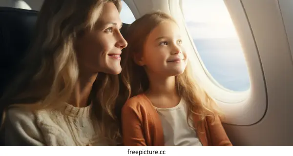 Mother and Daughter Traveling by Airplane