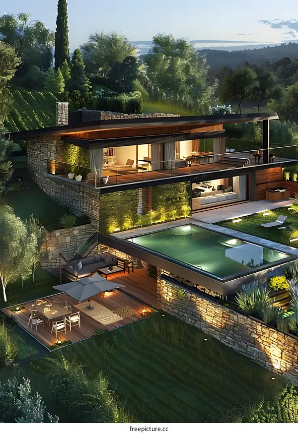 Modern Villa with Swimming Pool and Lush Greenery