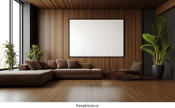 Modern Wooden Living Room Interior Mockup