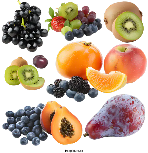 [Transparent Background PNG]Fresh Fruits Assortment with Grapes, Kiwi, Orange, Apple, Berries, and Papaya
