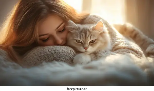 Woman and Cat Cozy Embrace