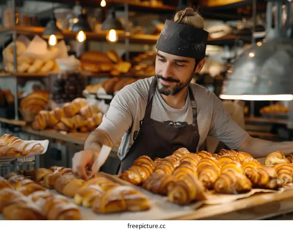 Smiling baker taking a croissant from the baking tray