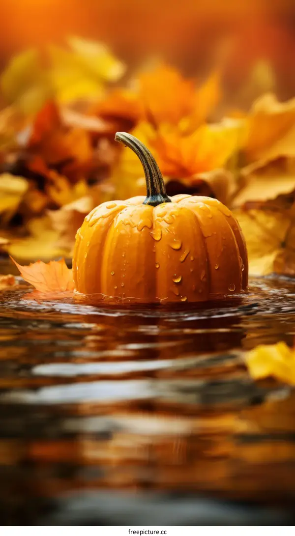 A pumpkin sits in a puddle of water surrounded by fallen leaves in the autumn