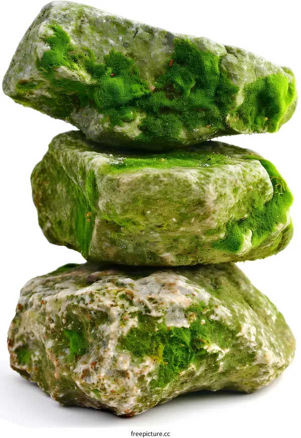 Stack of Moss Covered Rocks Isolated on White Background
