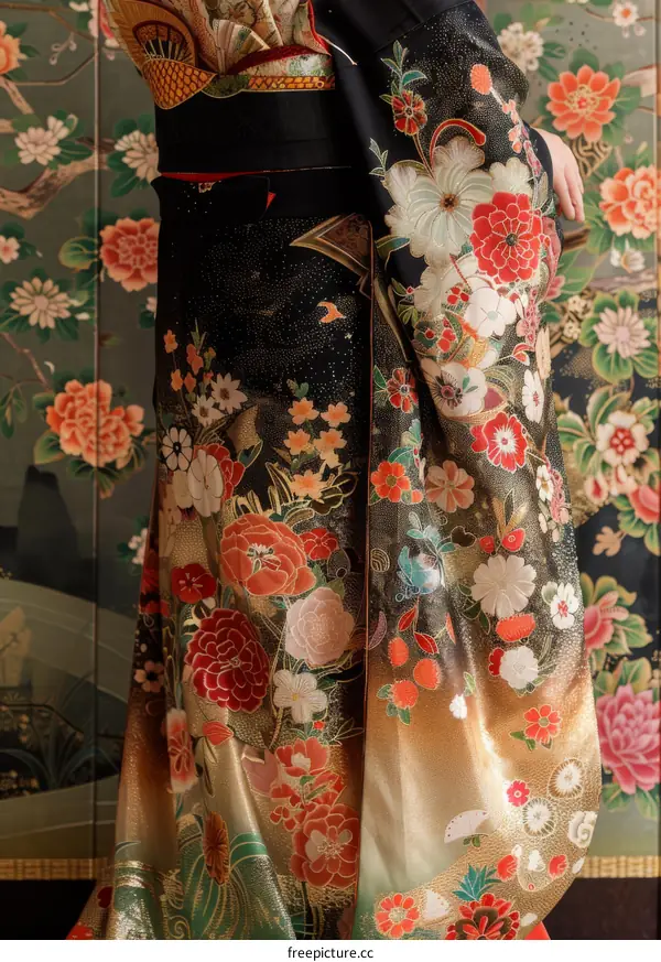 Close Up of a Woman Wearing a Traditional Japanese Kimono with Floral Pattern