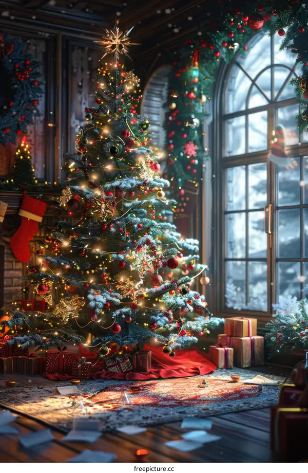 Christmas Tree in Lounge with Fireplace and Gifts