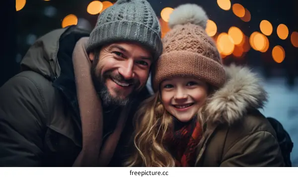 Father and daughter in winter clothes