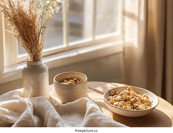 Granola in a Bowl on Wooden Table with a Vase of Dried Flowers