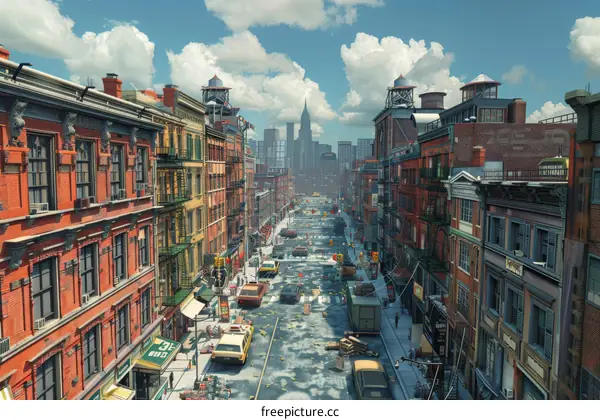 City street with tall buildings and clear blue sky