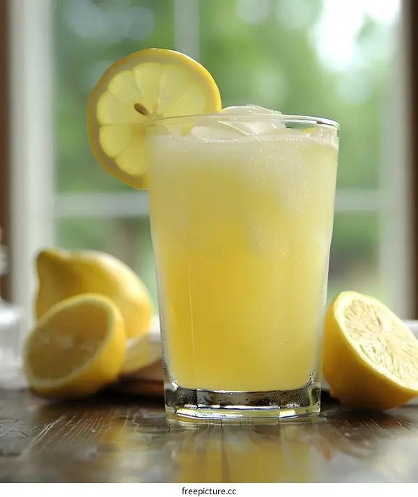 Refreshing Glass of Lemonade with Lemon Slices on a Wooden Table