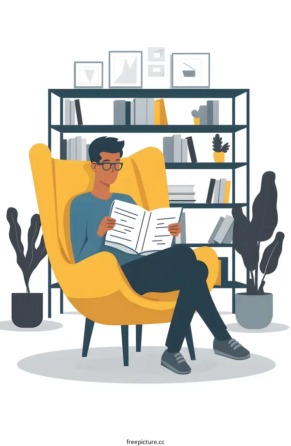 Man Relaxing in a Yellow Armchair Reading a Book