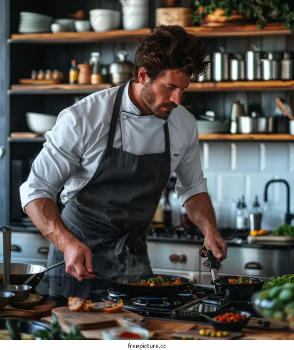 Handsome male chef in white uniform cooking with a gas torch in the kitchen