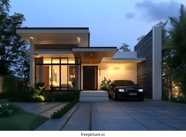 Modern Home Design with Minimalist Architecture and Car in the Driveway