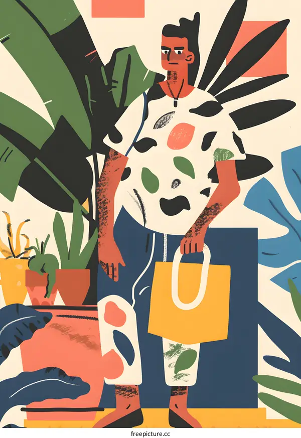 Man with Shopping Bag Surrounded by Tropical Plants