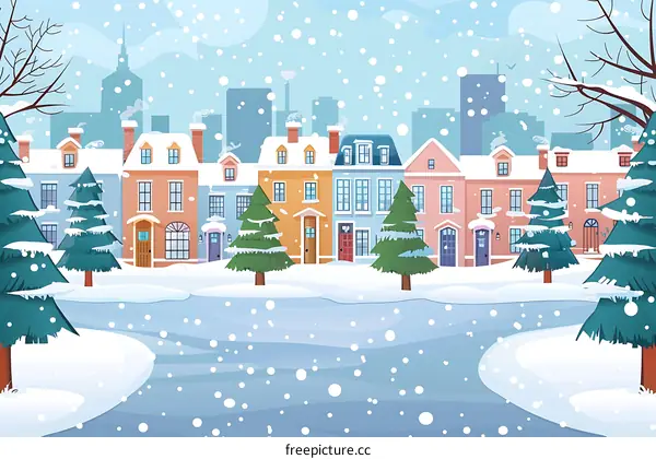 Winter Cityscape Illustration with Snow and Frozen Lake