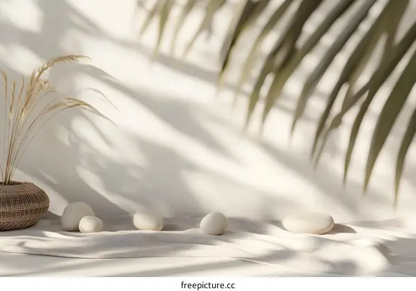 Minimalist Background with White Stones, Fabric, Palm Leaves and Dried Plants