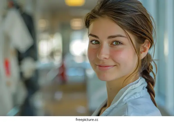 Portrait of a young woman with brown hair and green eyes smiling at the camera