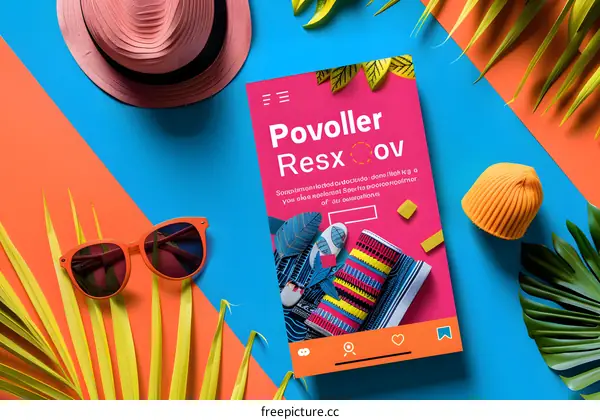 Summer Fashion Flat Lay with Sunglasses, Hat and Palm Leaves