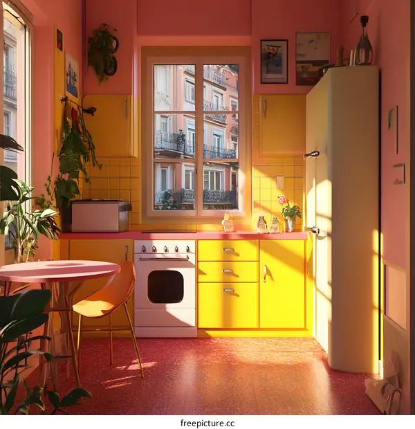 Retro Kitchen with Yellow and Pink Cabinets