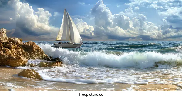 Sailboat on the Ocean with Waves and Rocks