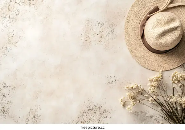 Straw Hat and Dried Flowers on Neutral Background
