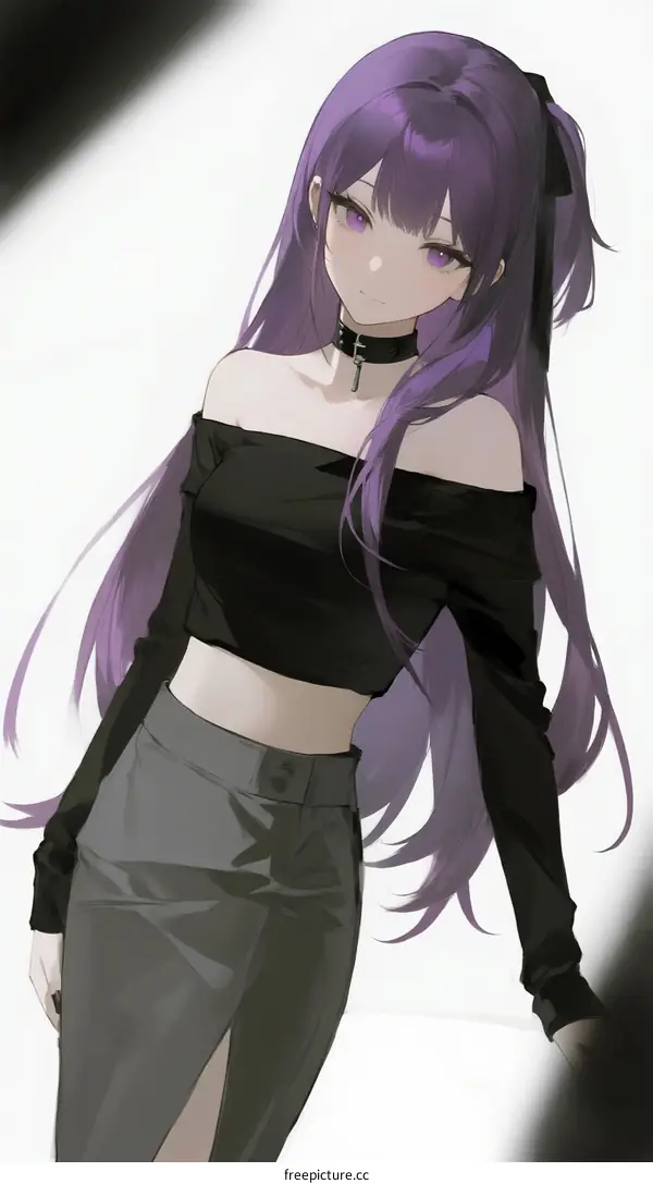 A Young Purple-Haired Female Anime Character in Black Crop Top