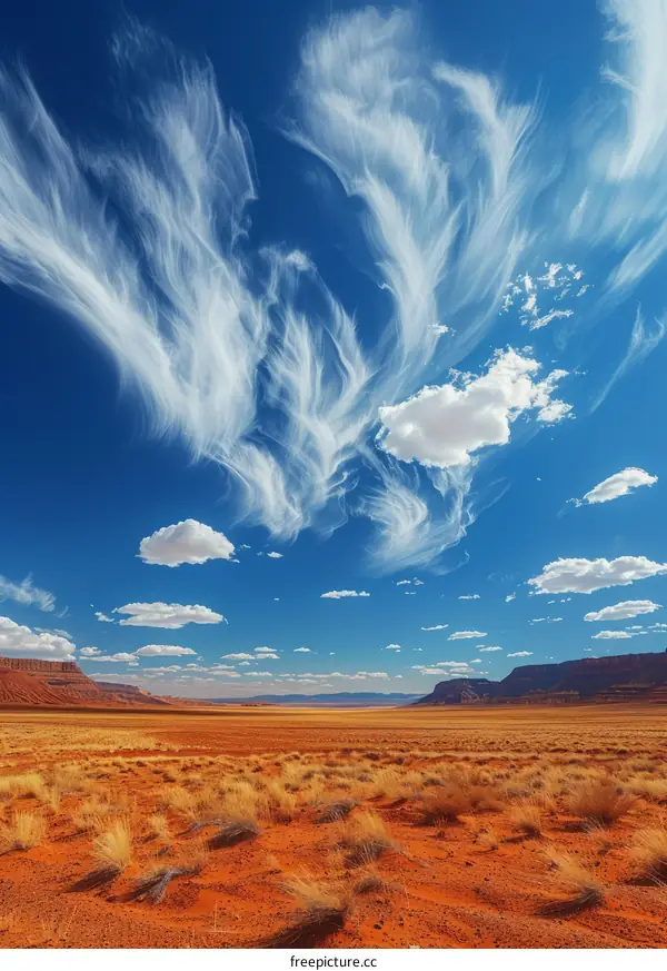 Cirrus clouds over arid desert landscape