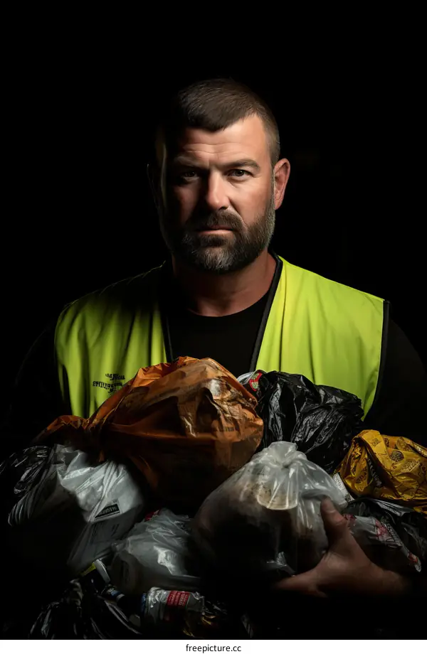 portrait of a waste collector holding a pile of garbage bags