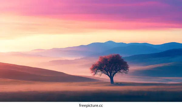 Pink Sunset Over Rolling Hills And A Single Tree