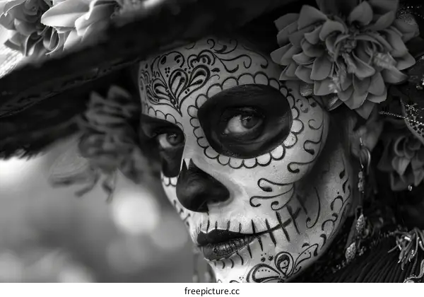 Black and white face paint of a person wearing a traditional Mexican flower headdress