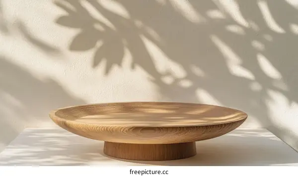 Wooden Tray Display Stand Against a Light Beige Wall with Shadows
