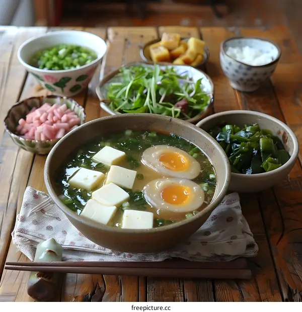 Japanese Cuisine Miso Soup With Tofu And Soft Boiled Eggs