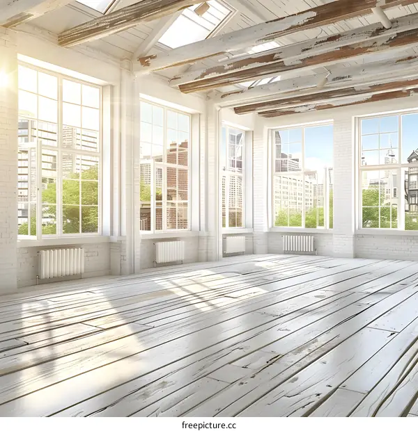 Large Bright Empty Loft Room With Wooden Beams And Windows