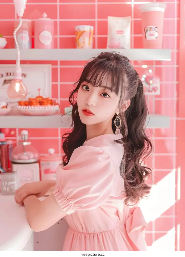 Asian Woman in Pink Dress Posing in a Pink Kitchen