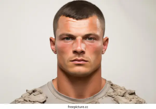 Portrait of a male soldier with mud on his face